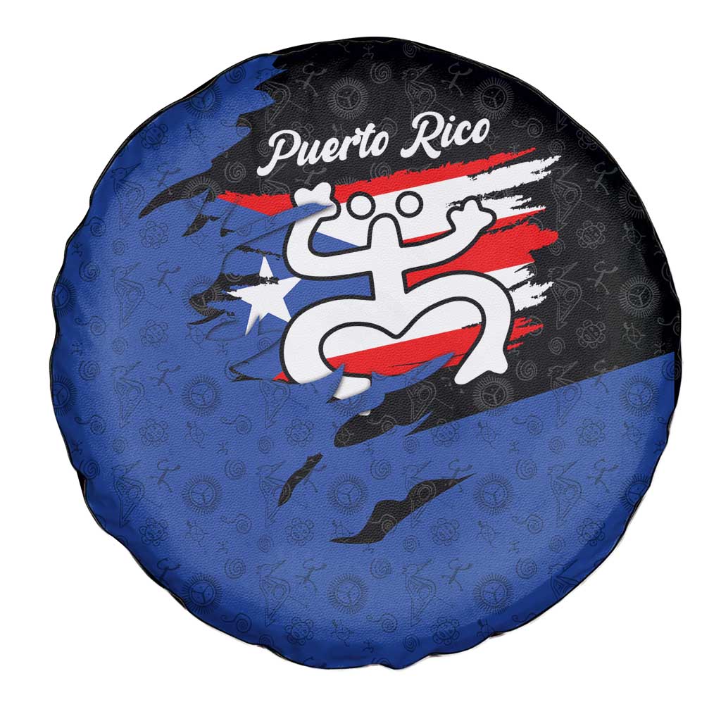 Puerto Rico Spare Tire Cover with Coqui Frog Symbol and Distressed Flag Design
