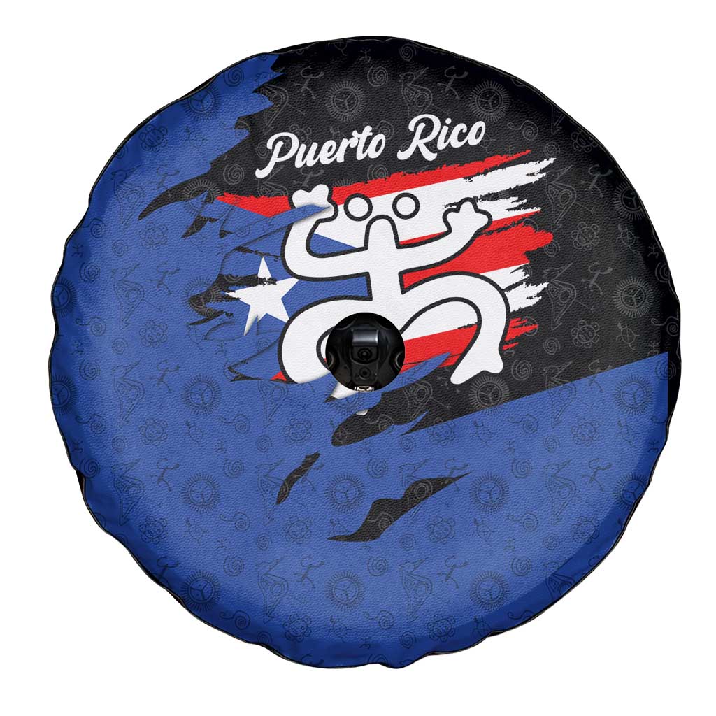 Puerto Rico Spare Tire Cover with Coqui Frog Symbol and Distressed Flag Design