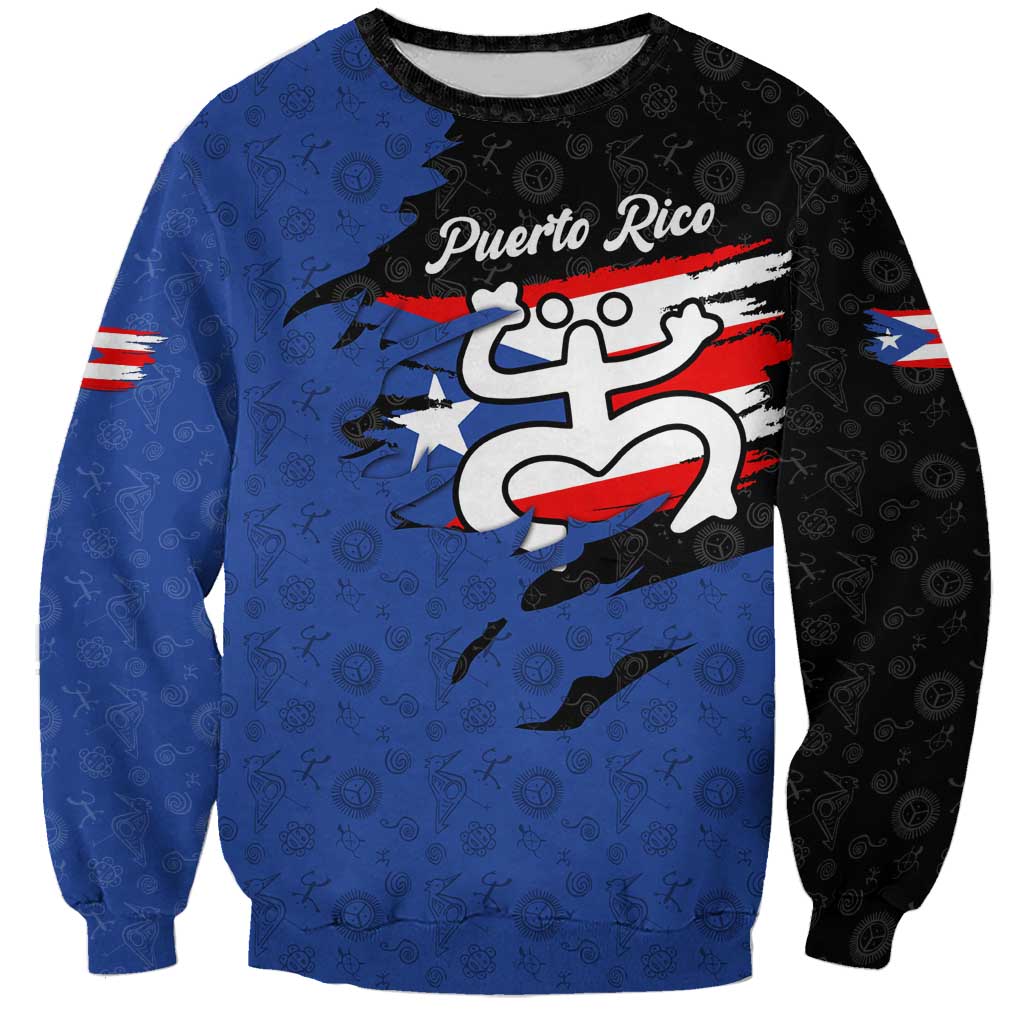Puerto Rico Sweatshirt with Coqui Frog Symbol and Distressed Flag Design