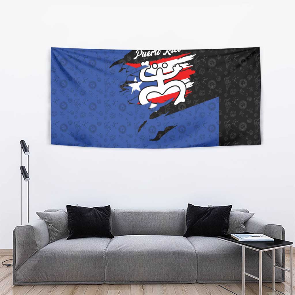 Puerto Rico Tapestry with Coqui Frog Symbol and Distressed Flag Design
