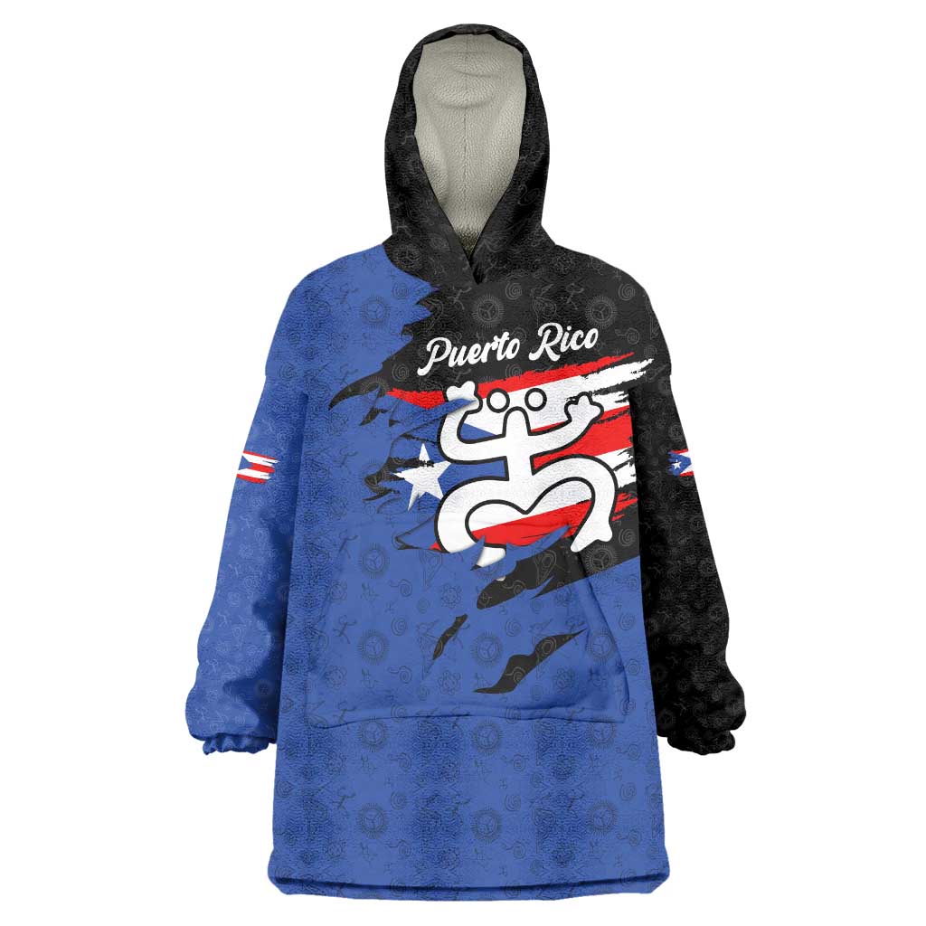 Puerto Rico Wearable Blanket Hoodie with Coqui Frog Symbol and Distressed Flag Design