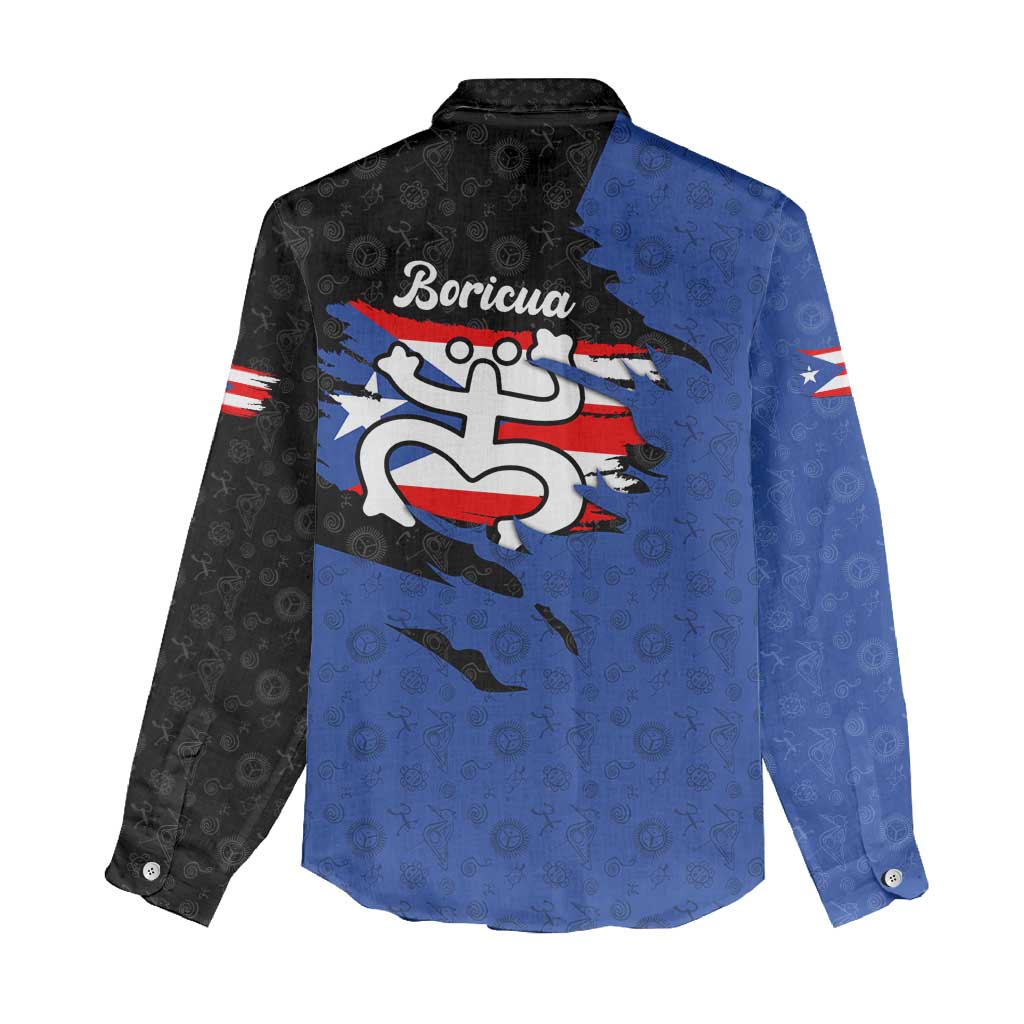 Puerto Rico Women Casual Shirt with Coqui Frog Symbol and Distressed Flag Design