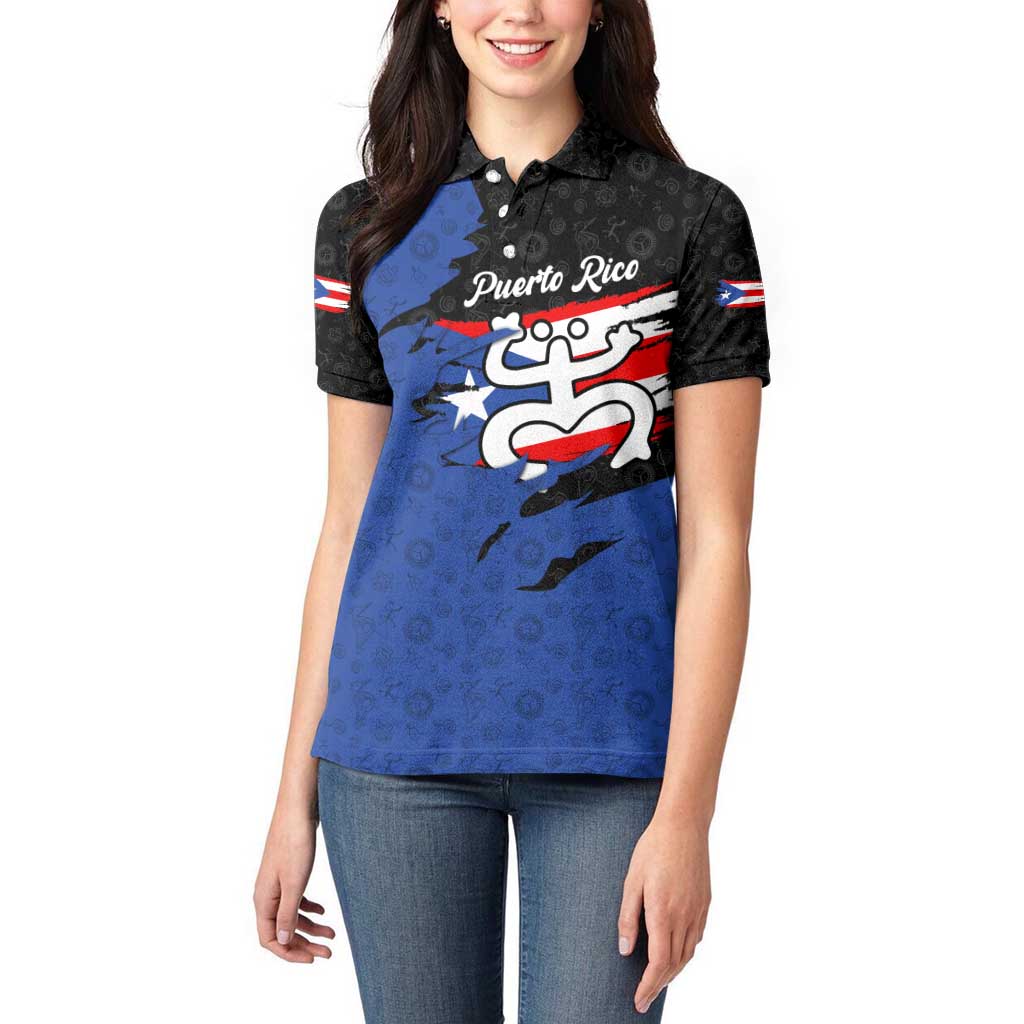 Puerto Rico Women Polo Shirt with Coqui Frog Symbol and Distressed Flag Design