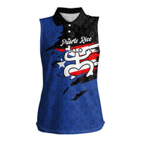 Puerto Rico Women Sleeveless Polo Shirt with Coqui Frog Symbol and Distressed Flag Design