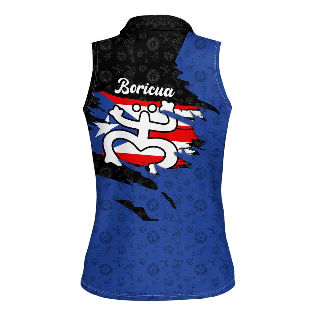 Puerto Rico Women Sleeveless Polo Shirt with Coqui Frog Symbol and Distressed Flag Design