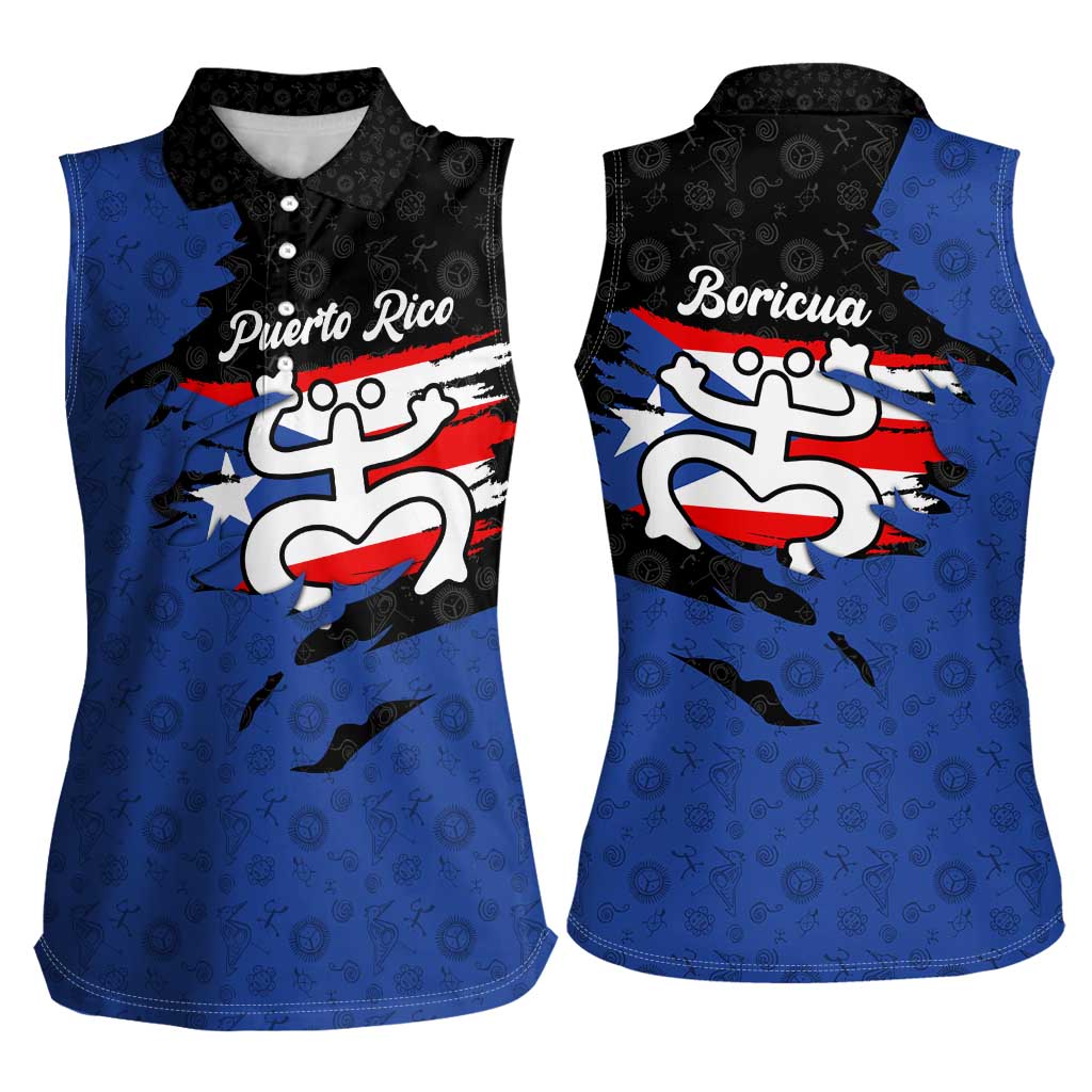 Puerto Rico Women Sleeveless Polo Shirt with Coqui Frog Symbol and Distressed Flag Design