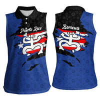 Puerto Rico Women Sleeveless Polo Shirt with Coqui Frog Symbol and Distressed Flag Design