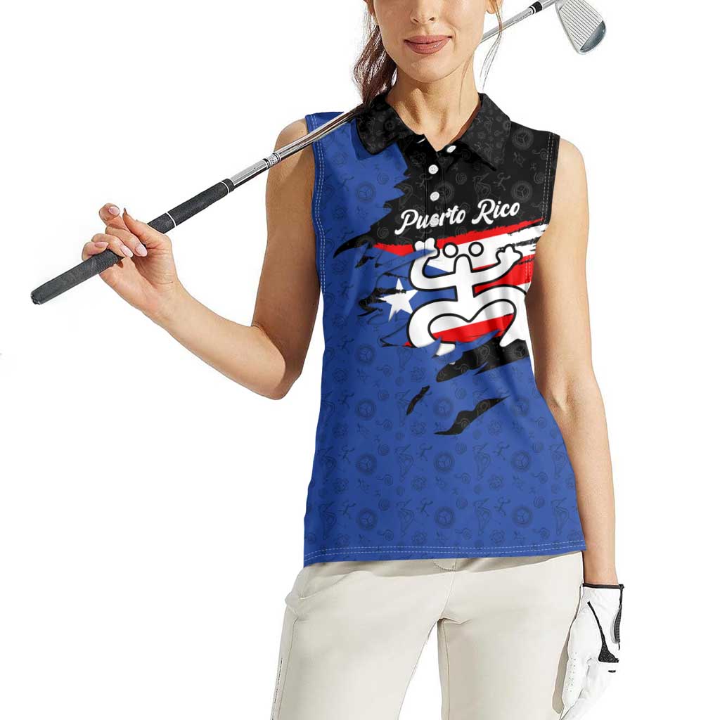 Puerto Rico Women Sleeveless Polo Shirt with Coqui Frog Symbol and Distressed Flag Design