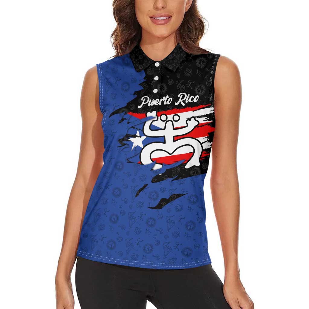 Puerto Rico Women Sleeveless Polo Shirt with Coqui Frog Symbol and Distressed Flag Design