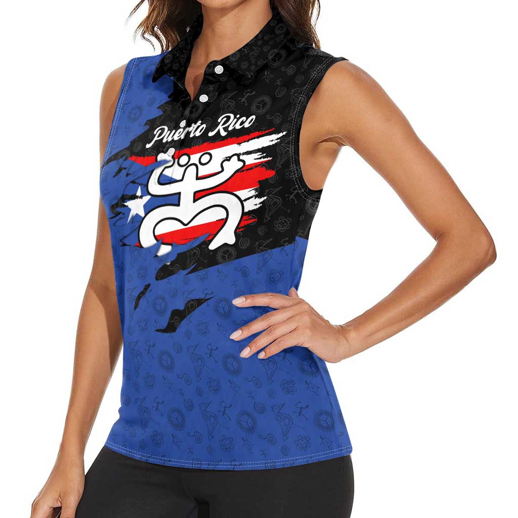 Puerto Rico Women Sleeveless Polo Shirt with Coqui Frog Symbol and Distressed Flag Design