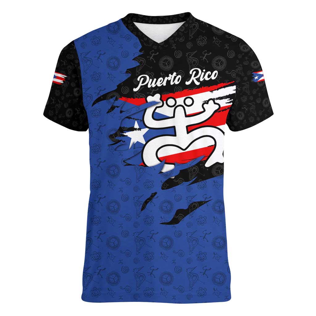 Puerto Rico Women V-Neck T-Shirt with Coqui Frog Symbol and Distressed Flag Design
