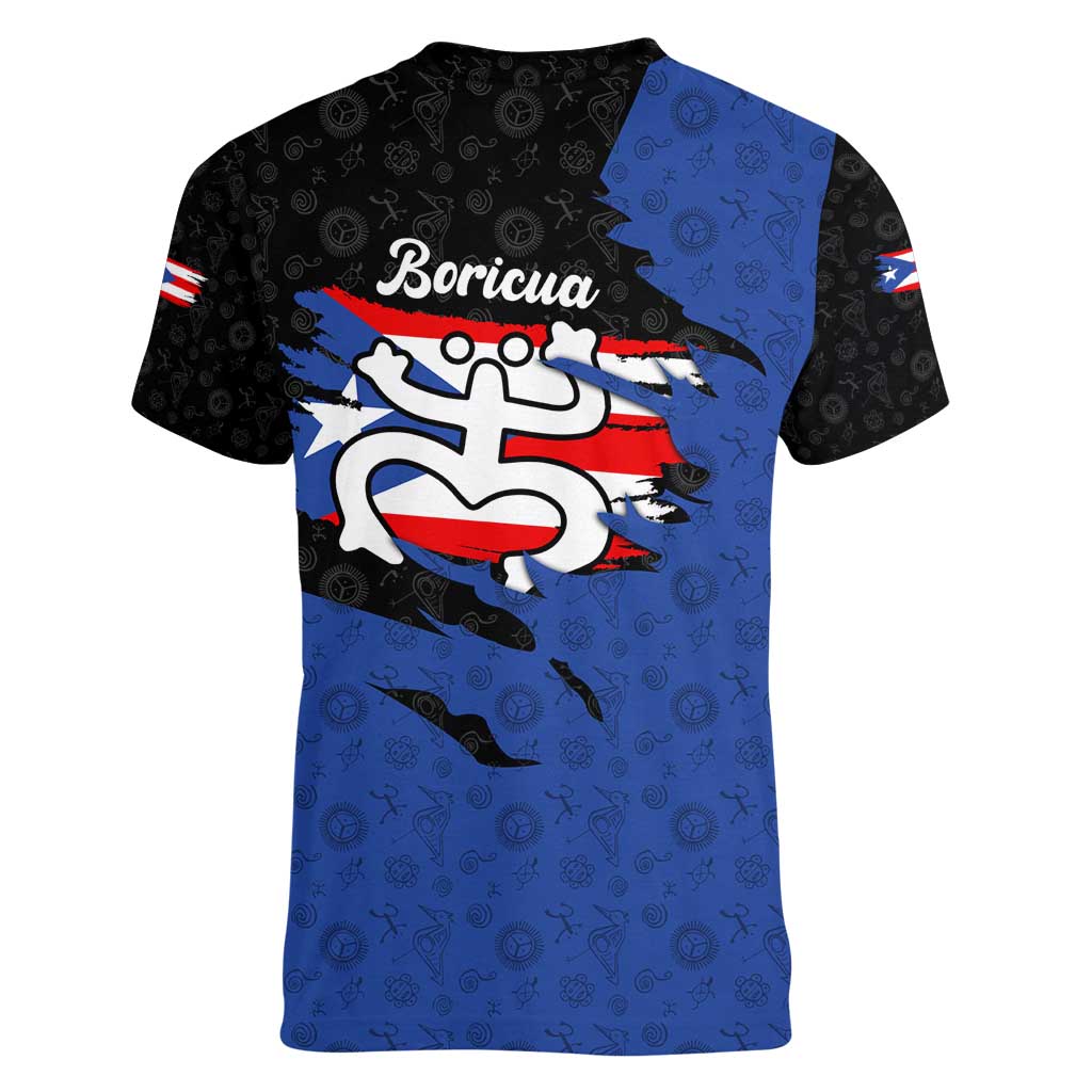 Puerto Rico Women V-Neck T-Shirt with Coqui Frog Symbol and Distressed Flag Design