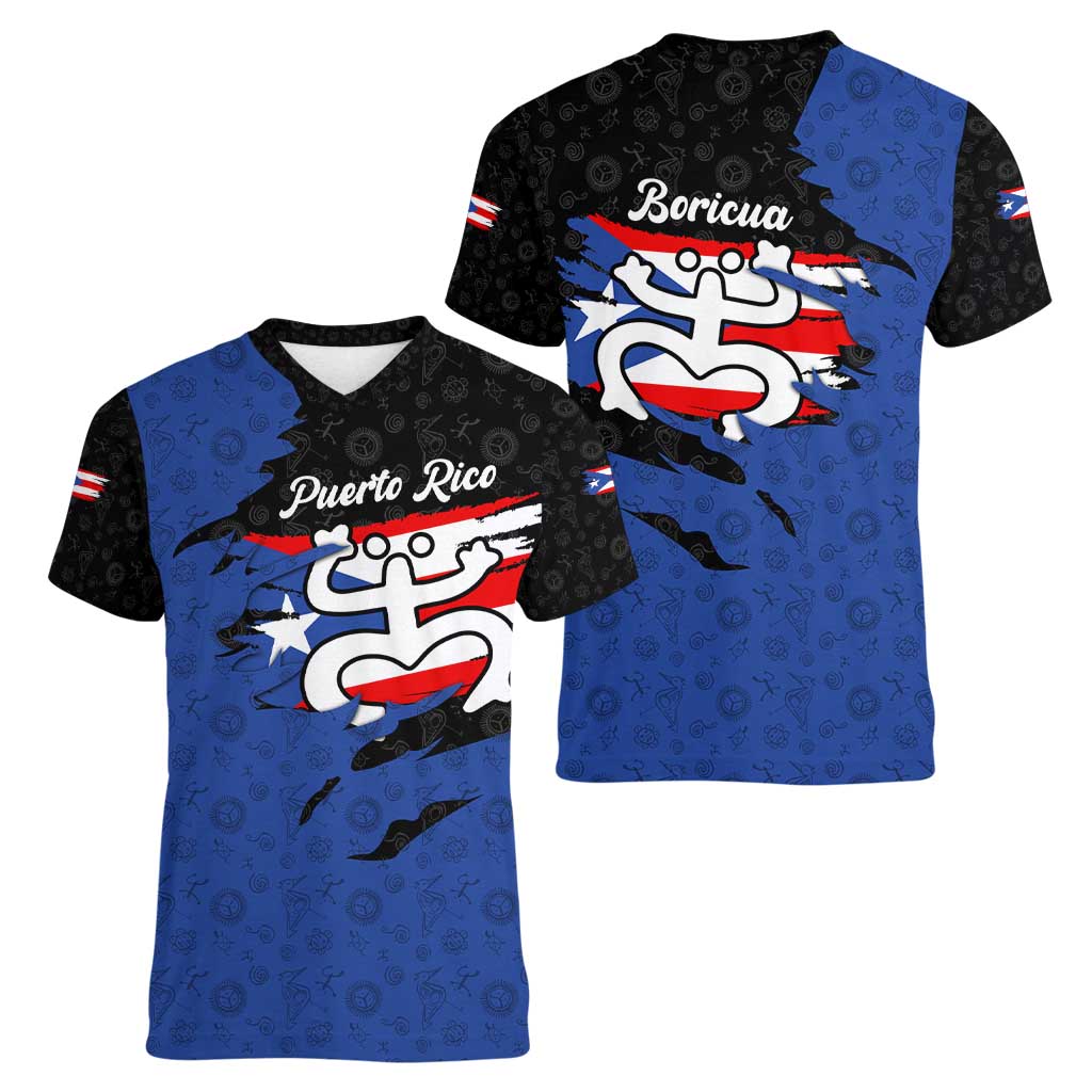 Puerto Rico Women V-Neck T-Shirt with Coqui Frog Symbol and Distressed Flag Design