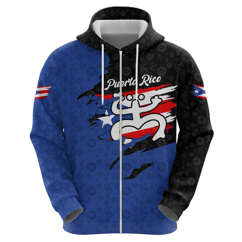 Puerto Rico Zip Hoodie with Coqui Frog Symbol and Distressed Flag Design