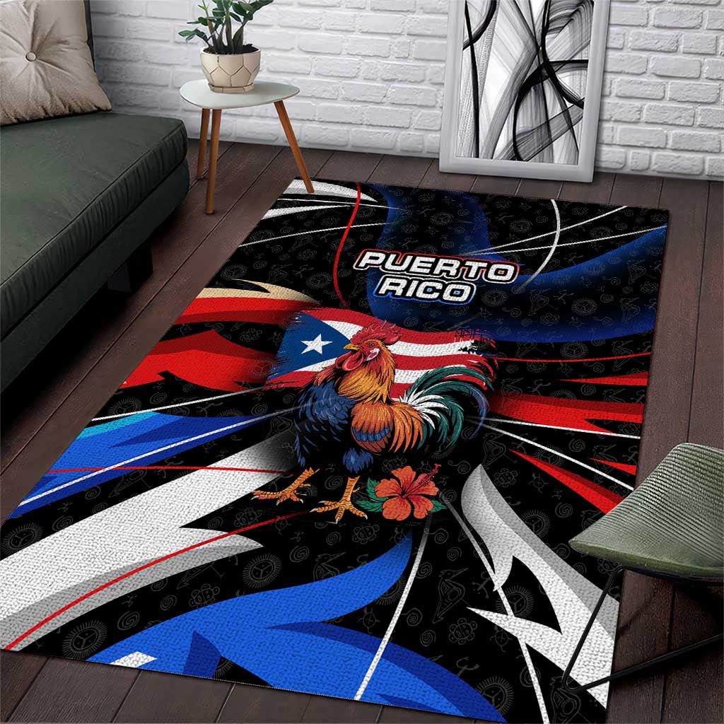 Puerto Rico Rooster Area Rug with Flag Design and Tropical Hibiscus Flowers