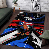 Puerto Rico Rooster Area Rug with Flag Design and Tropical Hibiscus Flowers