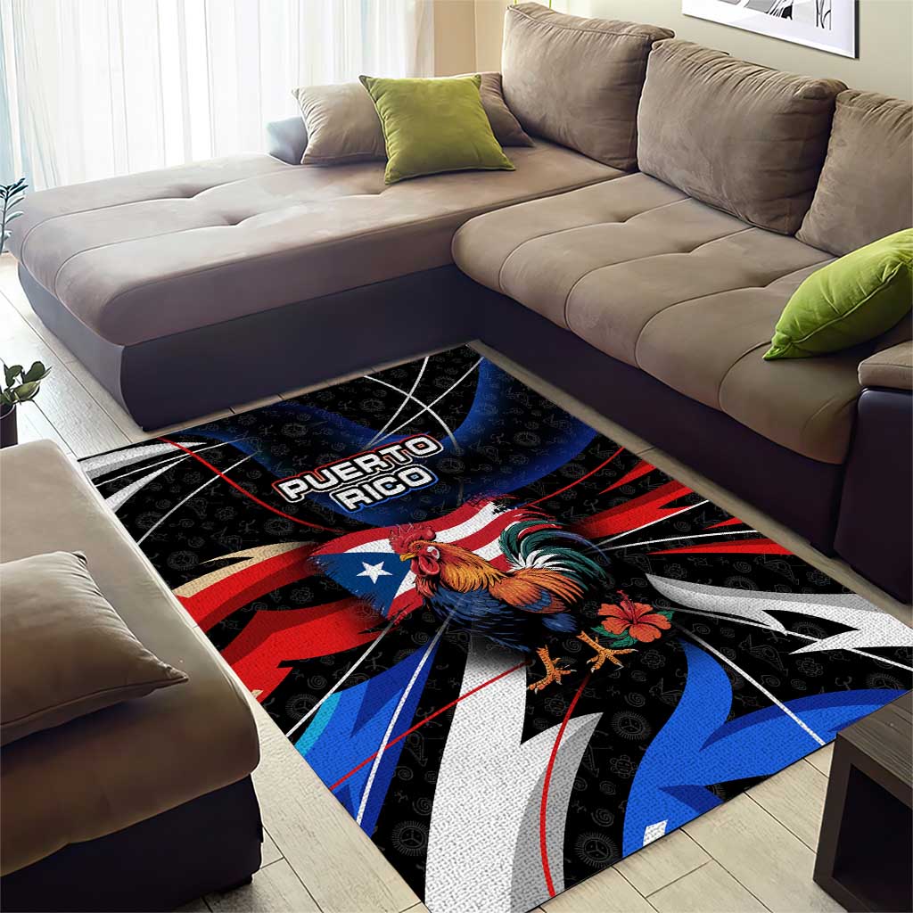 Puerto Rico Rooster Area Rug with Flag Design and Tropical Hibiscus Flowers