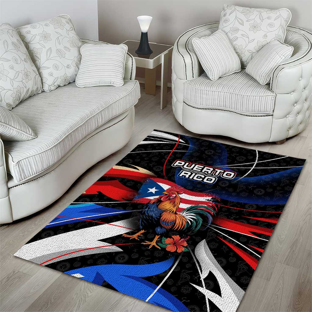 Puerto Rico Rooster Area Rug with Flag Design and Tropical Hibiscus Flowers