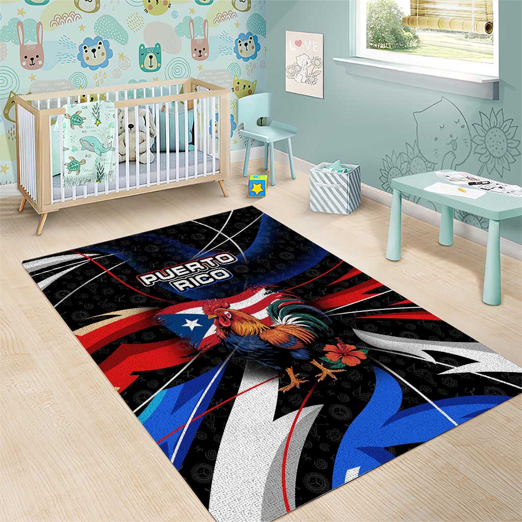 Puerto Rico Rooster Area Rug with Flag Design and Tropical Hibiscus Flowers