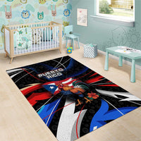 Puerto Rico Rooster Area Rug with Flag Design and Tropical Hibiscus Flowers