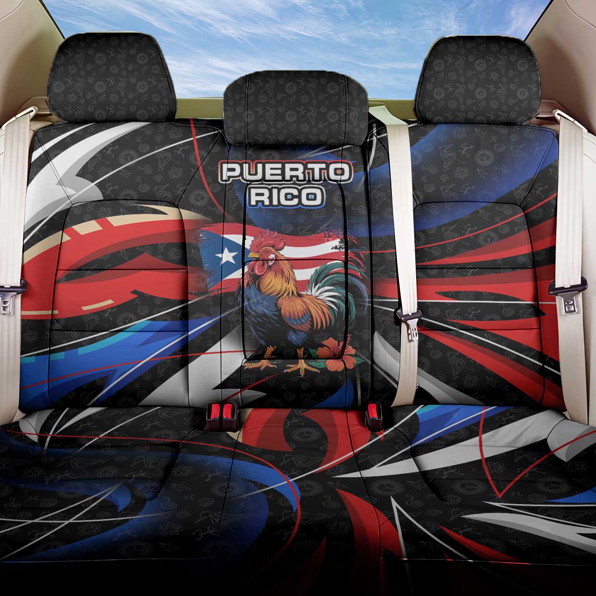 Puerto Rico Rooster Back Car Seat Cover with Flag Design and Tropical Hibiscus Flowers
