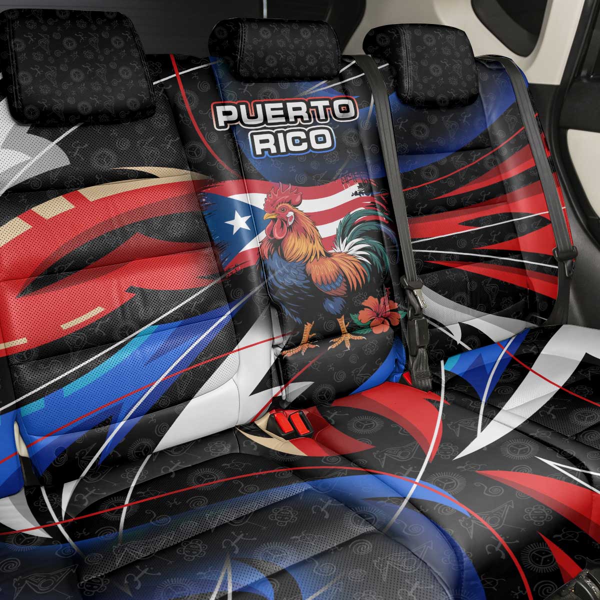 Puerto Rico Rooster Back Car Seat Cover with Flag Design and Tropical Hibiscus Flowers