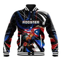Puerto Rico Rooster Baseball Jacket with Flag Design and Tropical Hibiscus Flowers