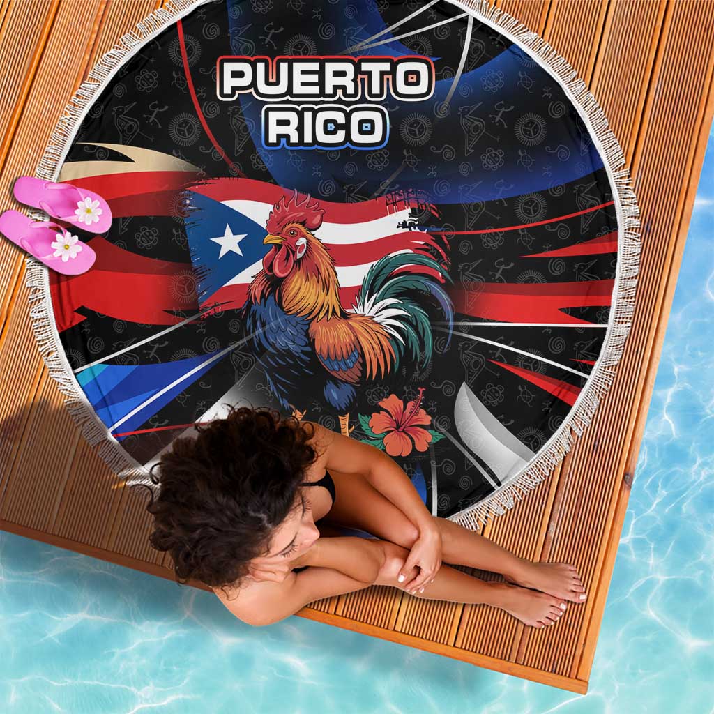 Puerto Rico Rooster Beach Blanket with Flag Design and Tropical Hibiscus Flowers