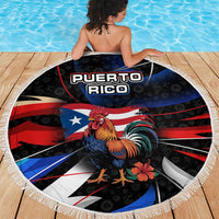 Puerto Rico Rooster Beach Blanket with Flag Design and Tropical Hibiscus Flowers