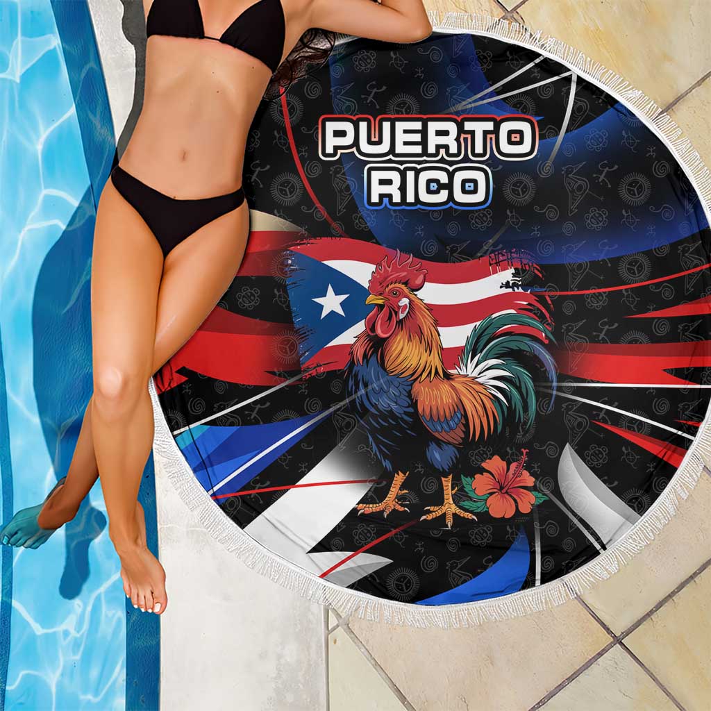 Puerto Rico Rooster Beach Blanket with Flag Design and Tropical Hibiscus Flowers