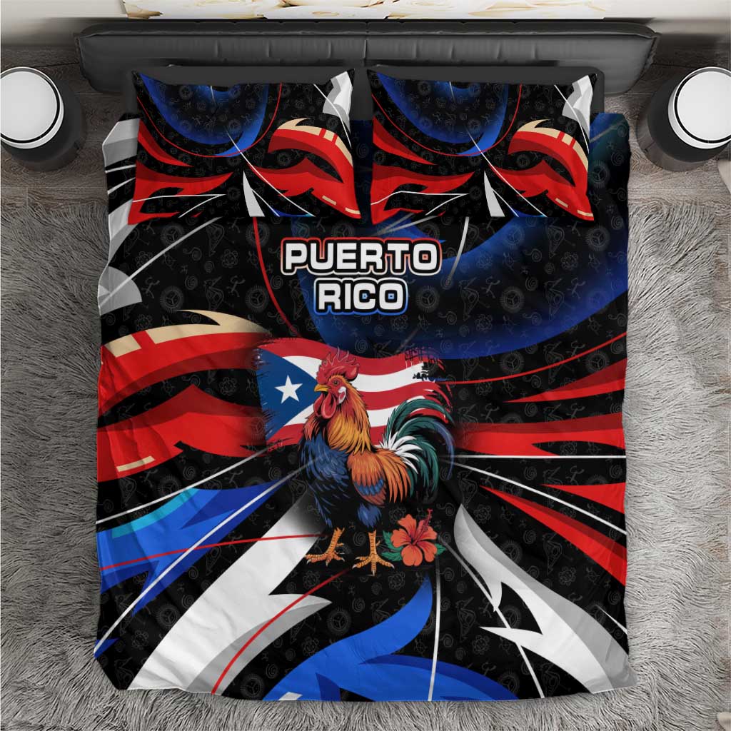 Puerto Rico Rooster Bedding Set with Flag Design and Tropical Hibiscus Flowers