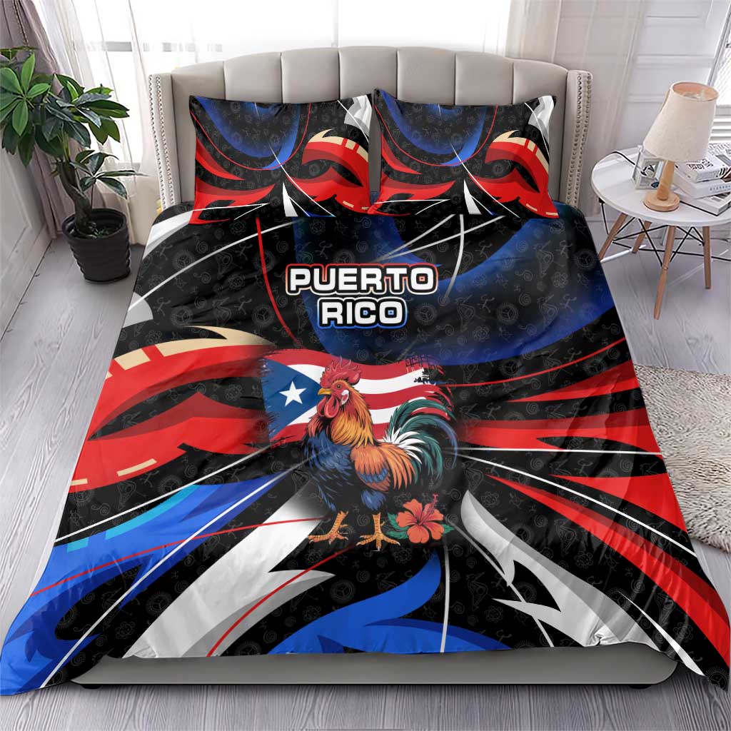 Puerto Rico Rooster Bedding Set with Flag Design and Tropical Hibiscus Flowers