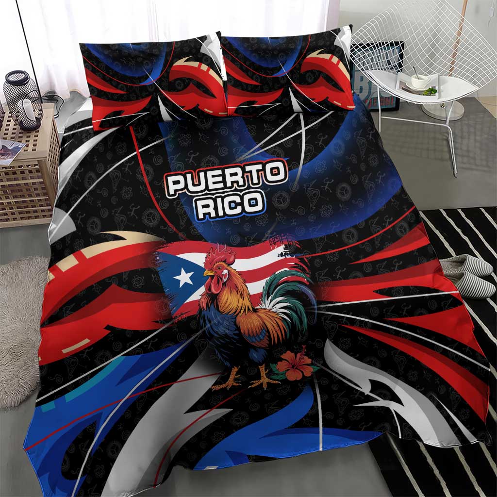 Puerto Rico Rooster Bedding Set with Flag Design and Tropical Hibiscus Flowers