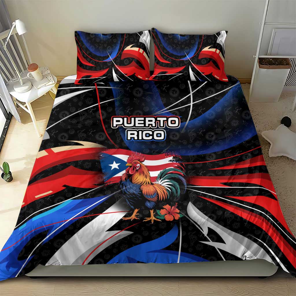 Puerto Rico Rooster Bedding Set with Flag Design and Tropical Hibiscus Flowers
