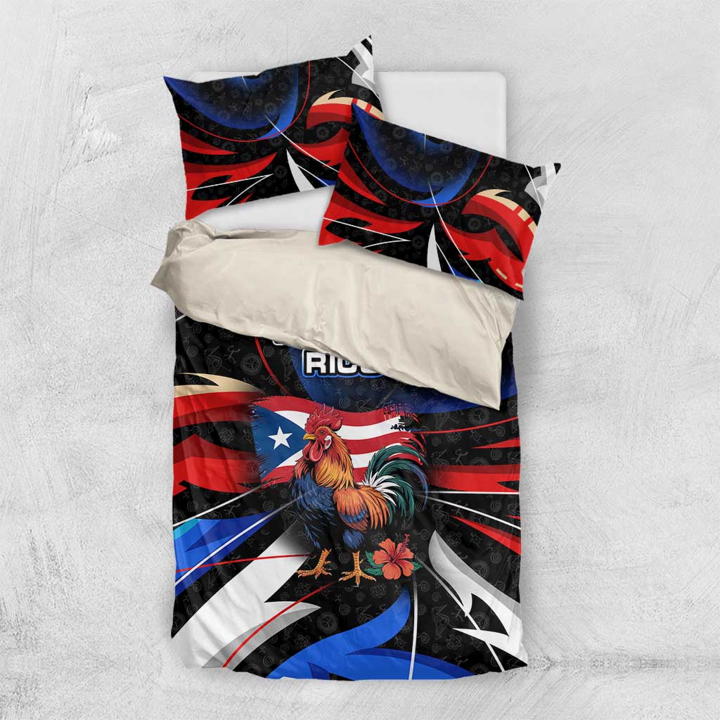 Puerto Rico Rooster Bedding Set with Flag Design and Tropical Hibiscus Flowers