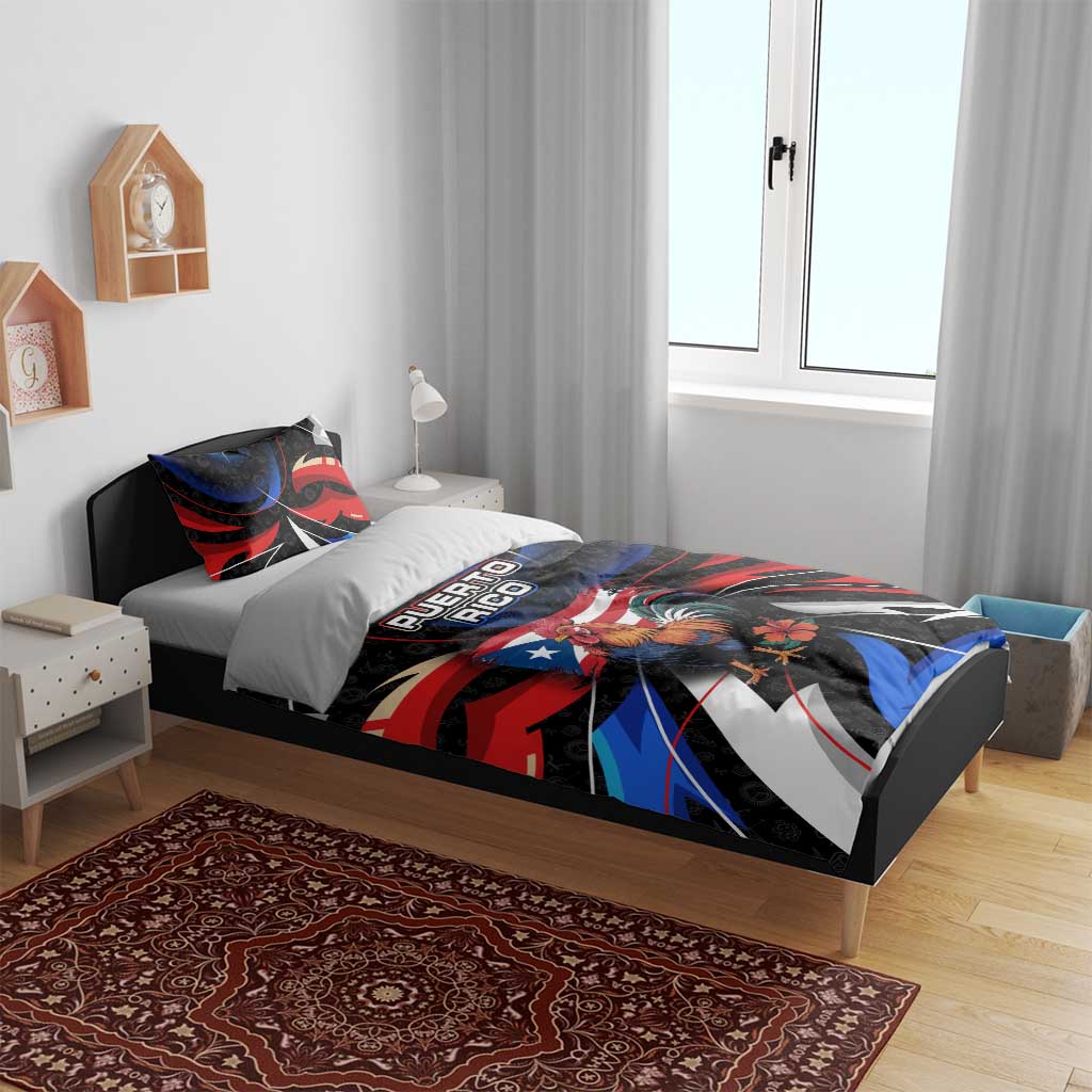 Puerto Rico Rooster Bedding Set with Flag Design and Tropical Hibiscus Flowers