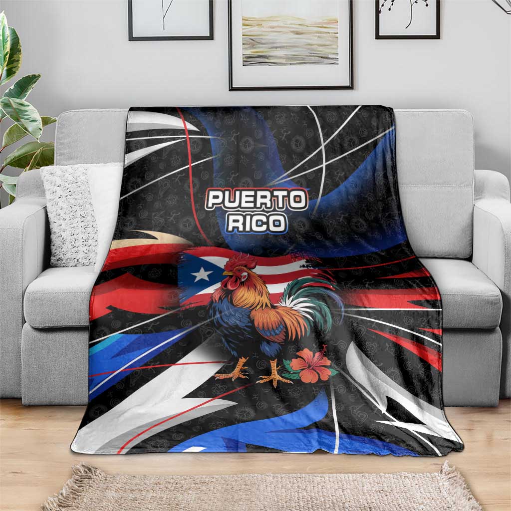 Puerto Rico Rooster Blanket with Flag Design and Tropical Hibiscus Flowers