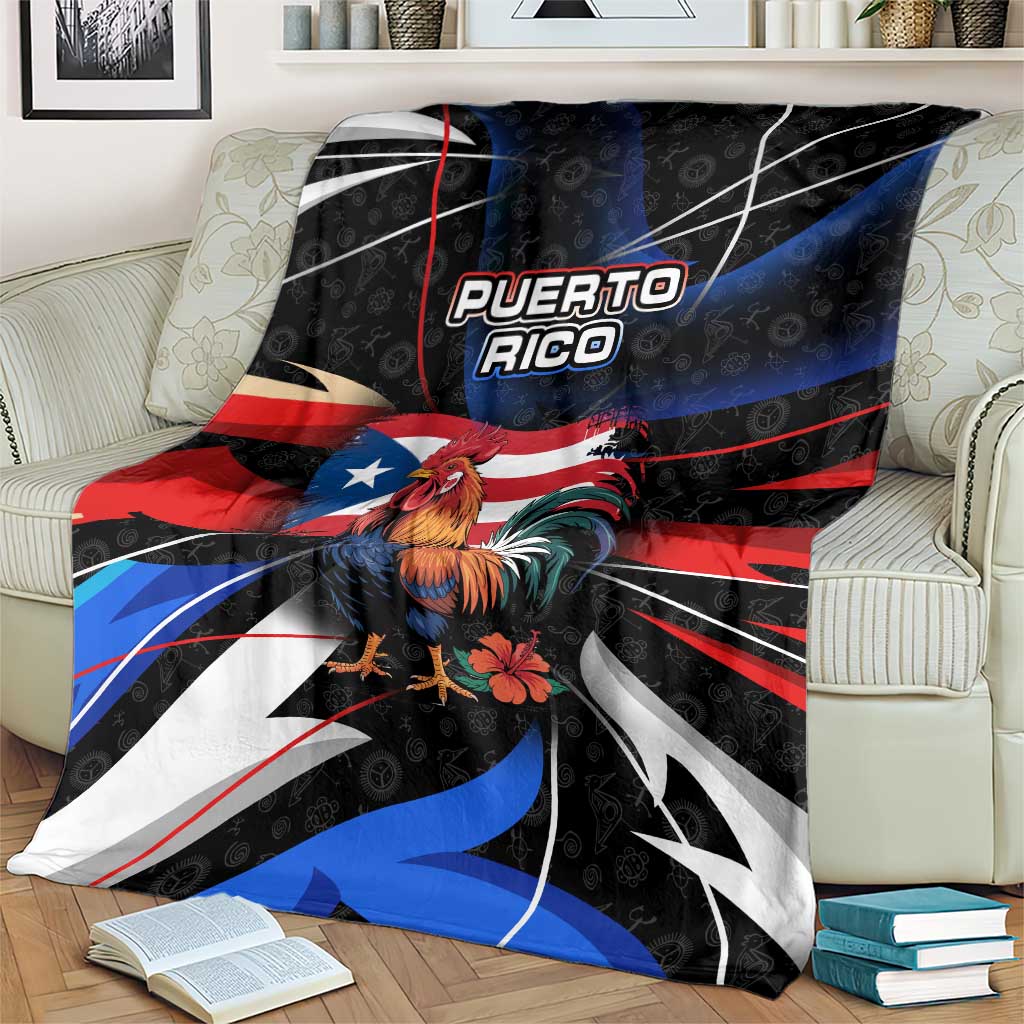 Puerto Rico Rooster Blanket with Flag Design and Tropical Hibiscus Flowers