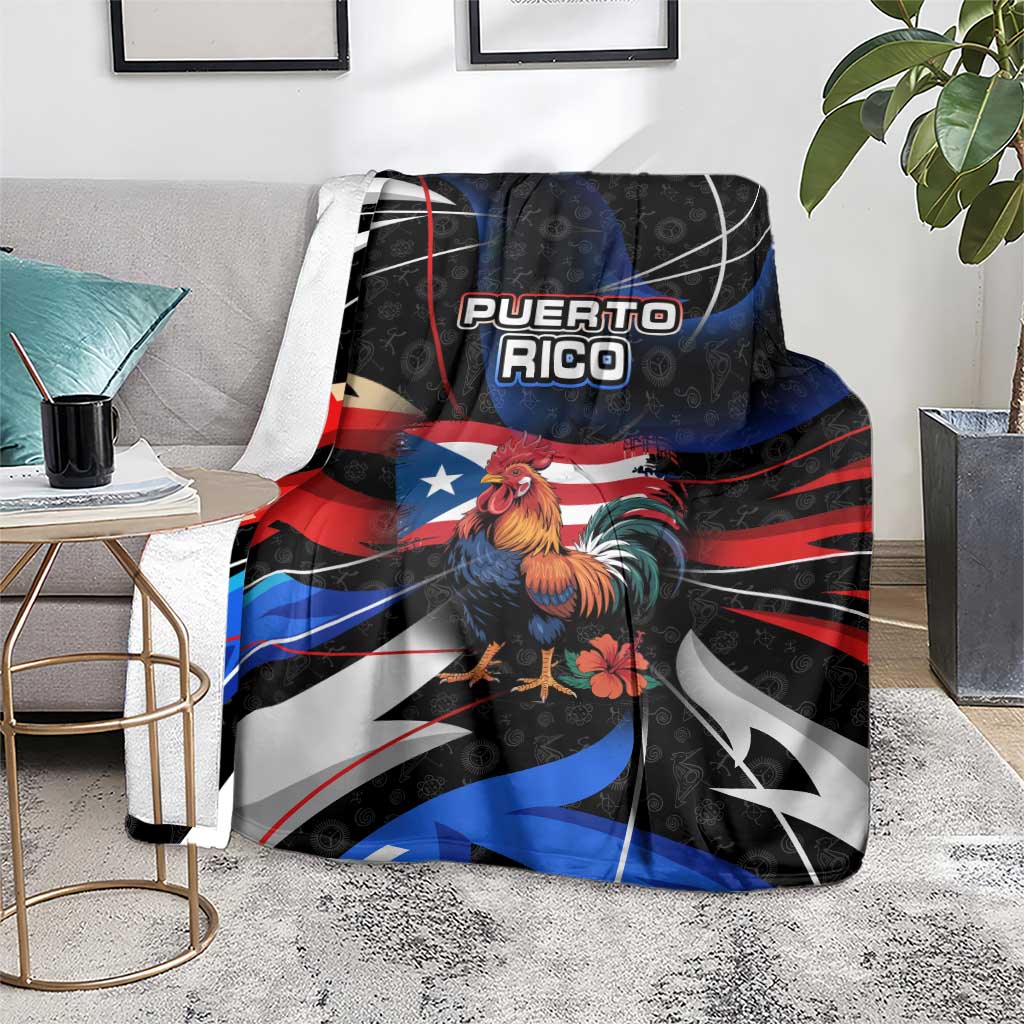 Puerto Rico Rooster Blanket with Flag Design and Tropical Hibiscus Flowers