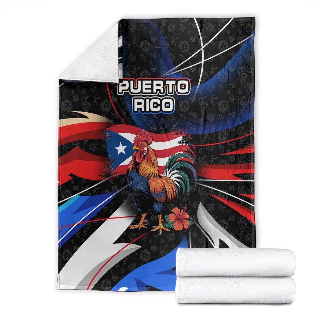 Puerto Rico Rooster Blanket with Flag Design and Tropical Hibiscus Flowers