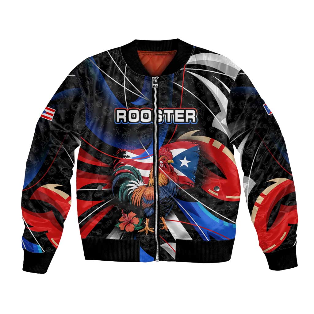 Puerto Rico Rooster Bomber Jacket with Flag Design and Tropical Hibiscus Flowers