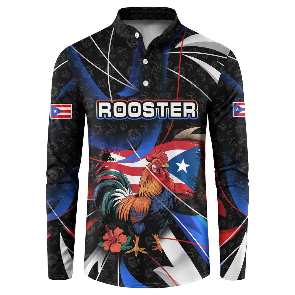Puerto Rico Rooster Button Sweatshirt with Flag Design and Tropical Hibiscus Flowers
