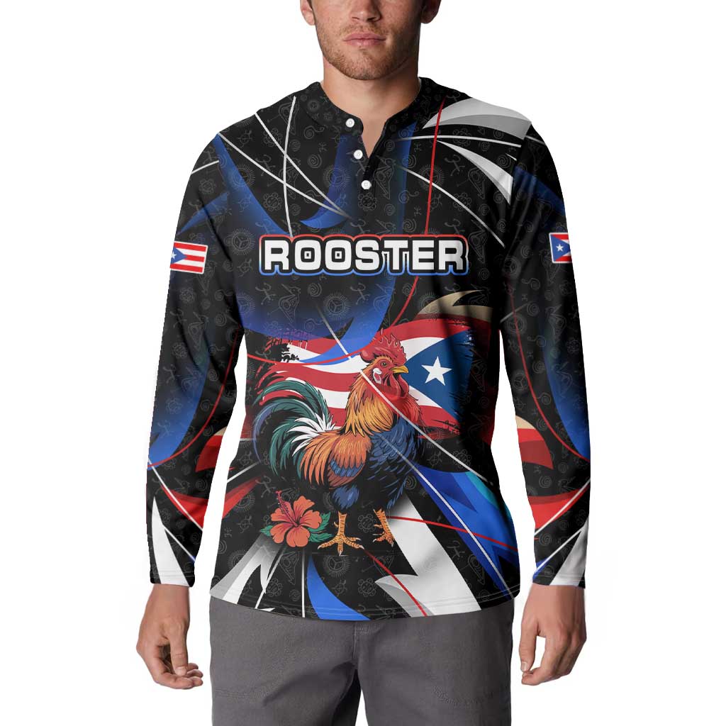 Puerto Rico Rooster Button Sweatshirt with Flag Design and Tropical Hibiscus Flowers