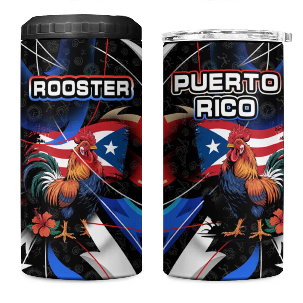 Puerto Rico Rooster 4 in 1 Can Cooler Tumbler with Flag Design and Tropical Hibiscus Flowers