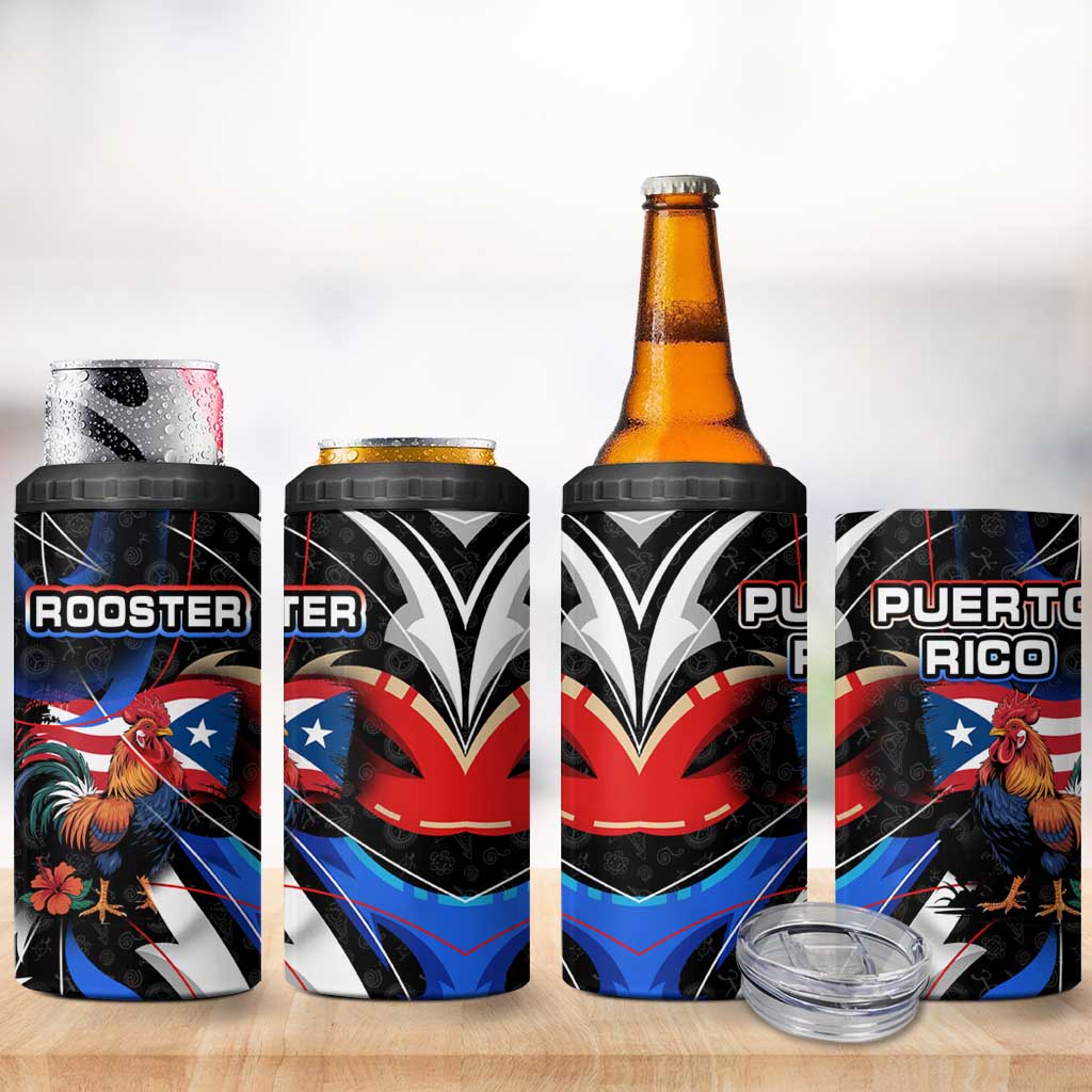 Puerto Rico Rooster 4 in 1 Can Cooler Tumbler with Flag Design and Tropical Hibiscus Flowers