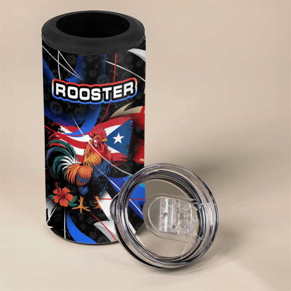 Puerto Rico Rooster 4 in 1 Can Cooler Tumbler with Flag Design and Tropical Hibiscus Flowers