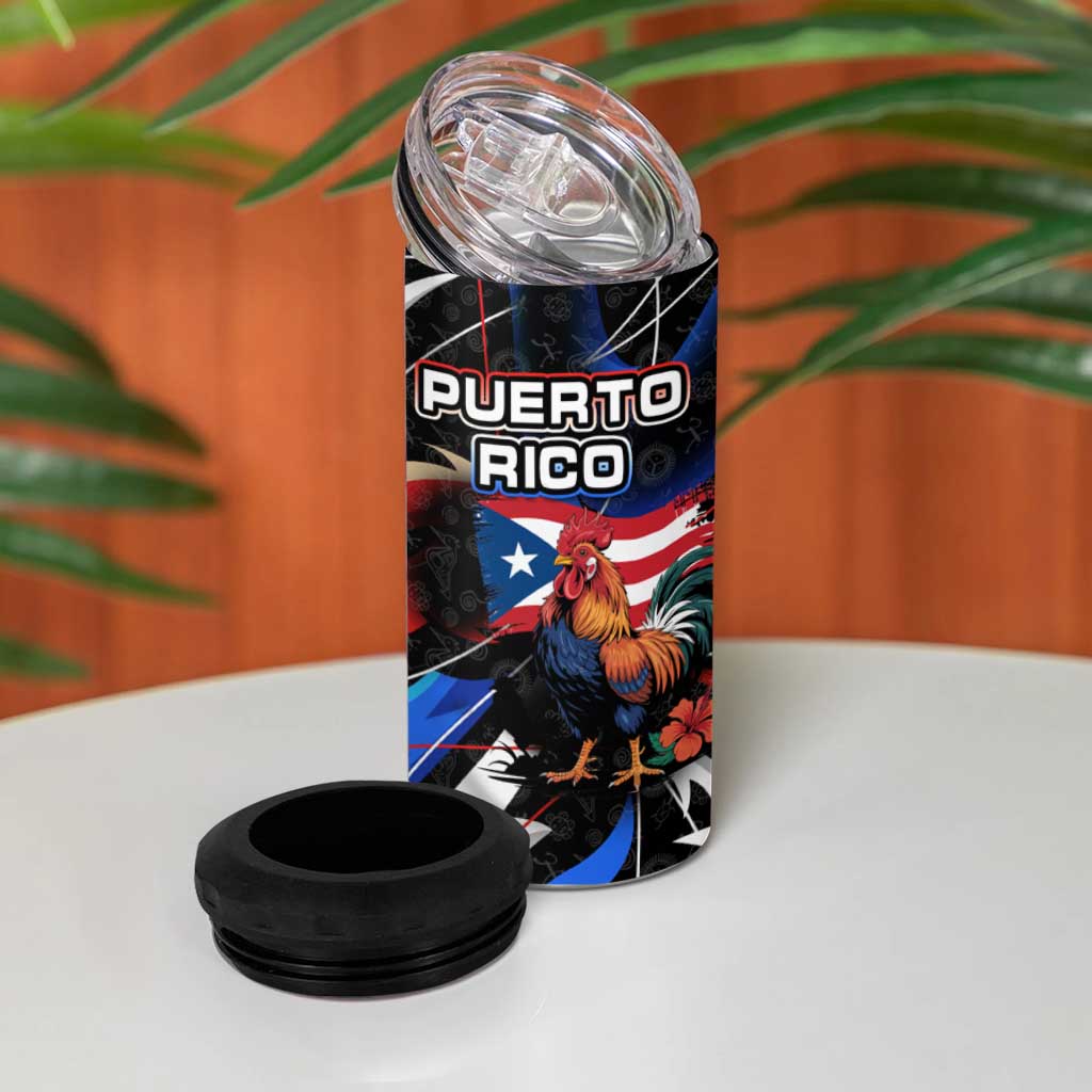 Puerto Rico Rooster 4 in 1 Can Cooler Tumbler with Flag Design and Tropical Hibiscus Flowers
