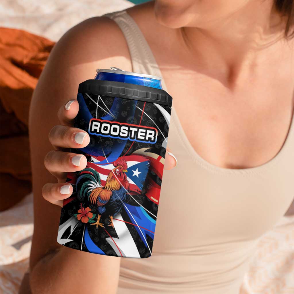 Puerto Rico Rooster 4 in 1 Can Cooler Tumbler with Flag Design and Tropical Hibiscus Flowers