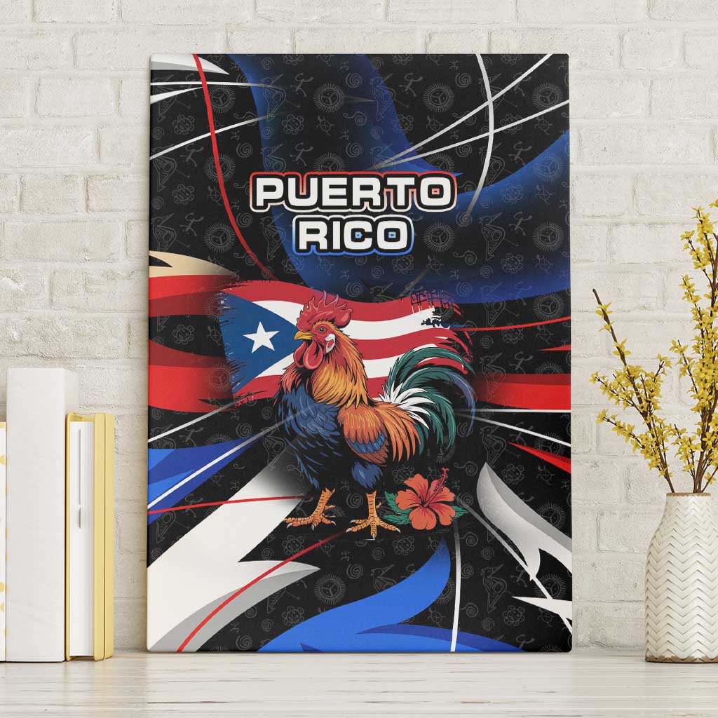 Puerto Rico Rooster Canvas Wall Art with Flag Design and Tropical Hibiscus Flowers