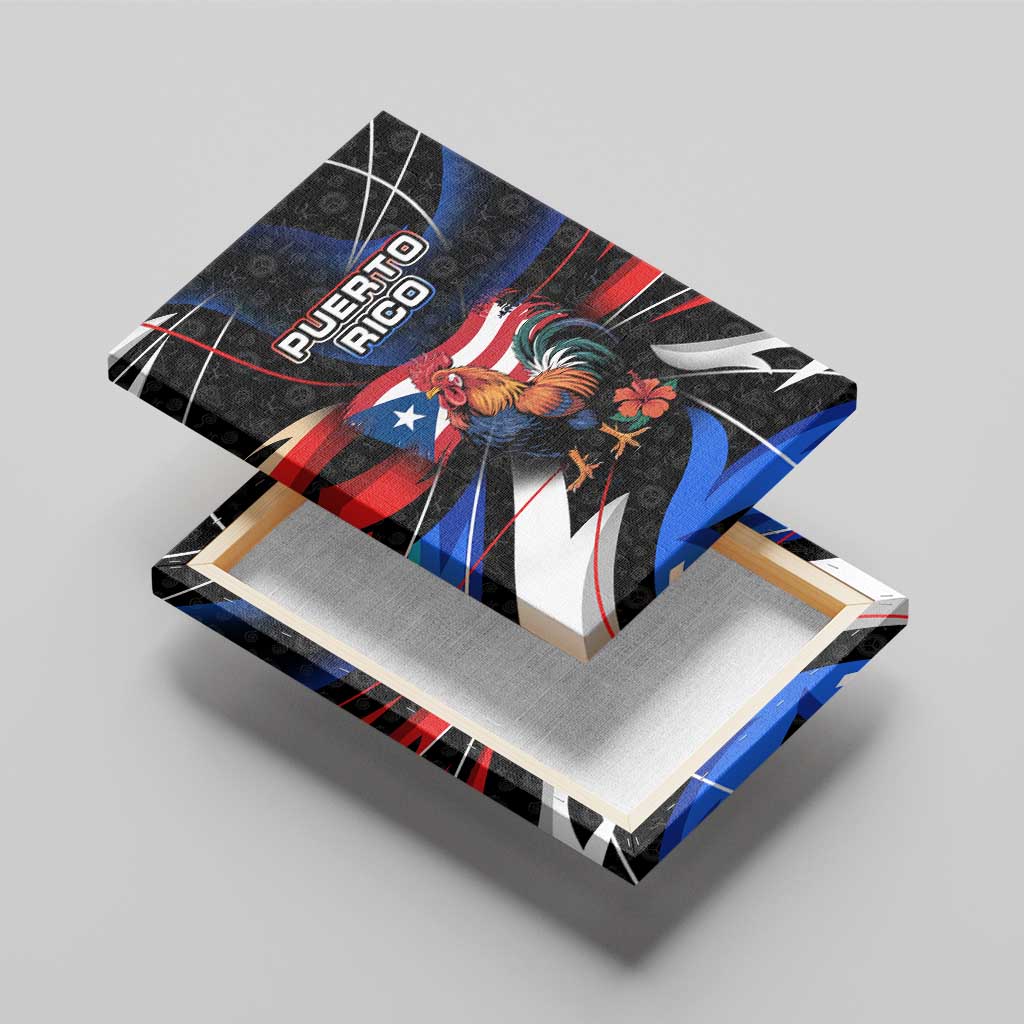 Puerto Rico Rooster Canvas Wall Art with Flag Design and Tropical Hibiscus Flowers